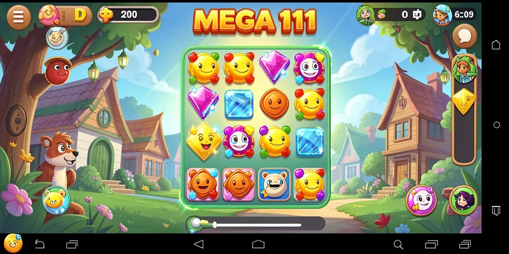 Screenshot MEGA111 menampilkan gameplay Match-3 yang menarik.