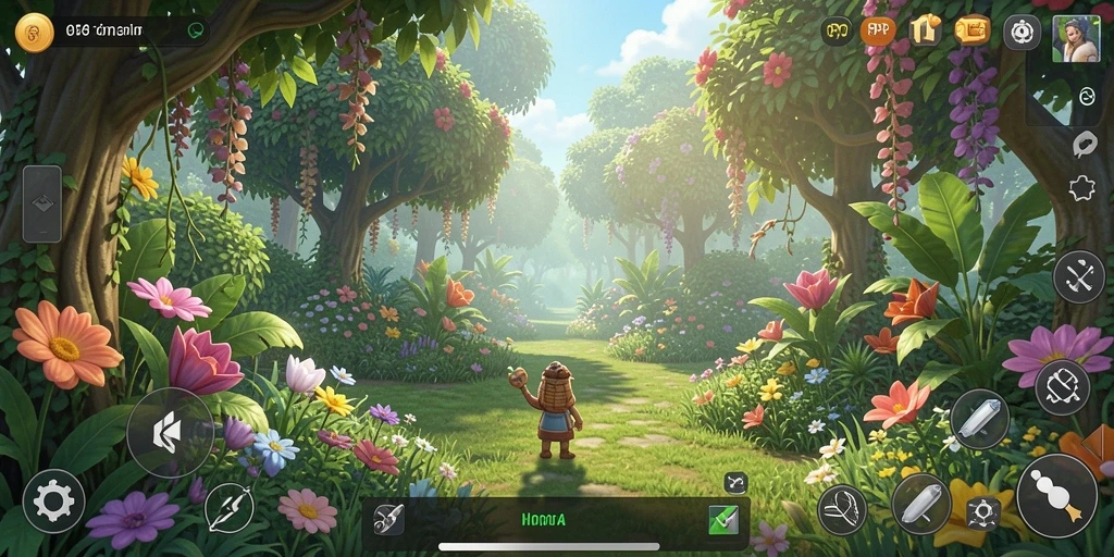 Screenshot gameplay PP7 menunjukkan kebun indah dengan tanaman subur.