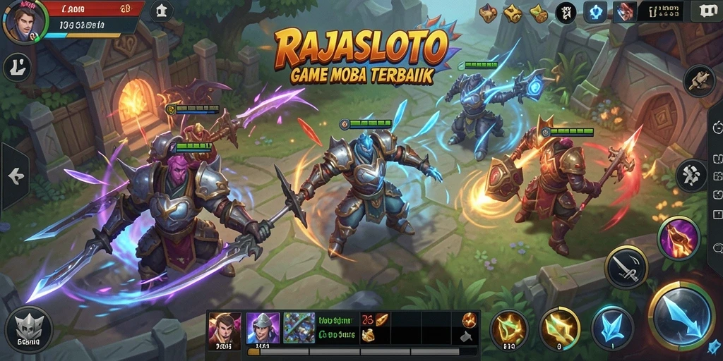 Tangkapan layar RAJASLOTO menampilkan aksi pertempuran MOBA yang intens.