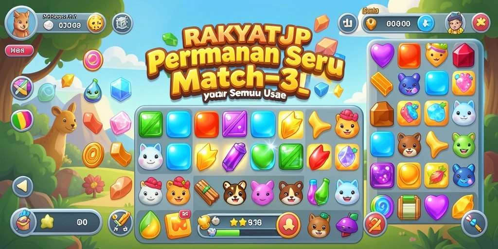 Screenshot utama RAKYATJP menampilkan gameplay Match-3 yang seru.
