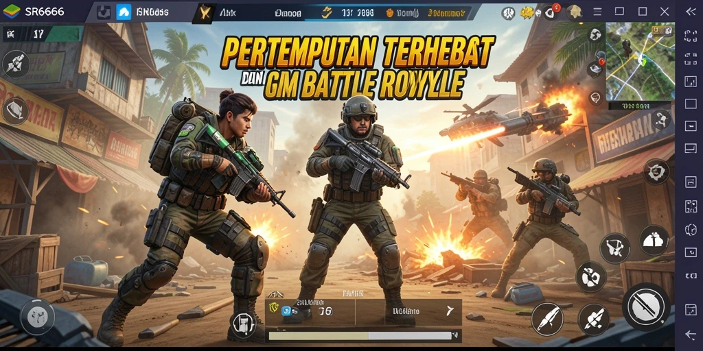 Tangkapan layar utama gameplay <strong>SR6666</strong> menampilkan pertarungan intens antara pemain di arena battle royale.
